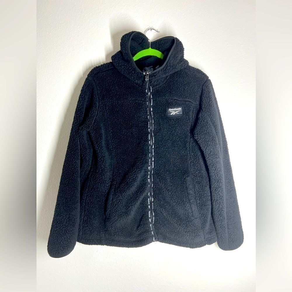 Reebok Jacket Womens Size  L Black Fuzzy Fleece Hooded Full Zip